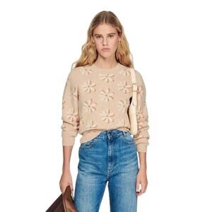 Sandro Anguila Daisy Sweater Beige Floral Wool Cashmere Knit Size 1 Small